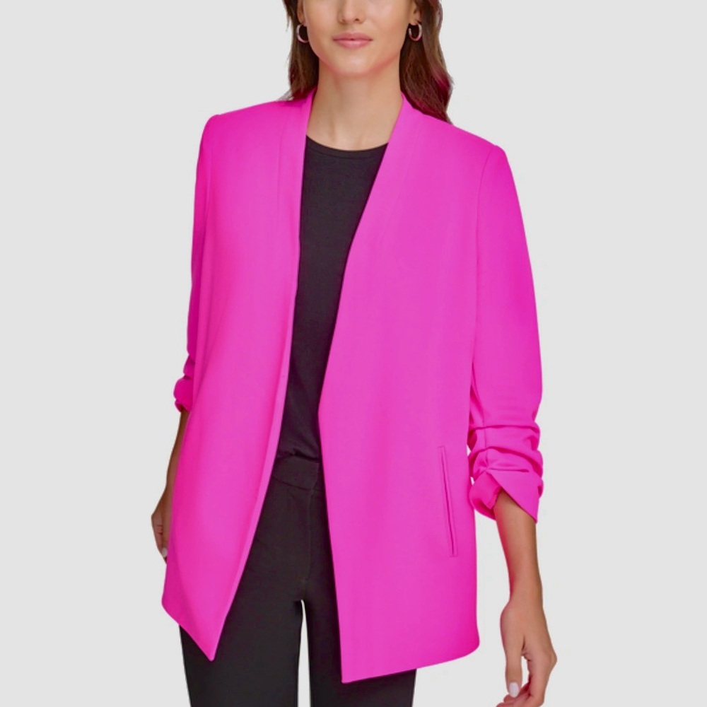DKNY Ruched-Sleeve Relaxed Open Front Jacket Blazer Neon Pink Women's Size Small